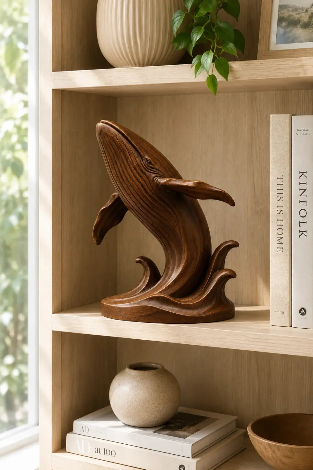 Breaching Wood Whale Sculpture | Coastal Luxe Marine Decor | Prestigious Ocean Gift
