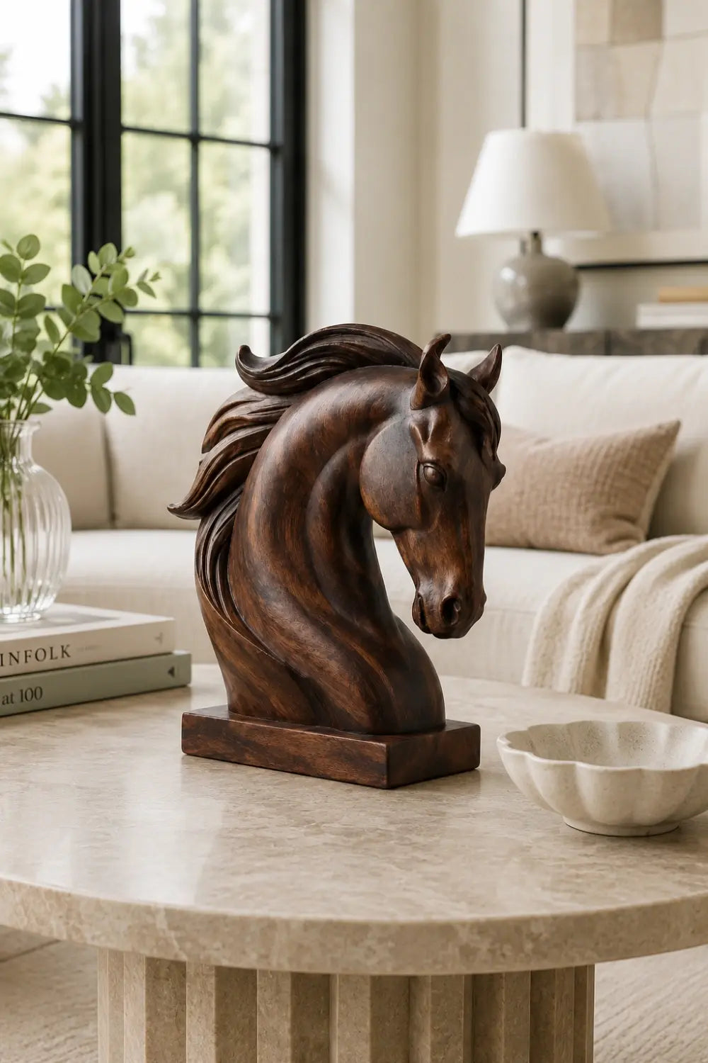 Realistic Wood Horse Head Bust | Heritage Library Desk Decor | Majestic Sculpture Gift