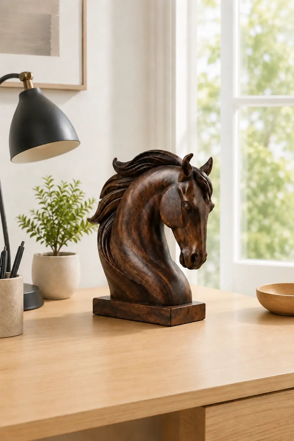 Realistic Wood Horse Head Bust | Heritage Library Desk Decor | Majestic Sculpture Gift