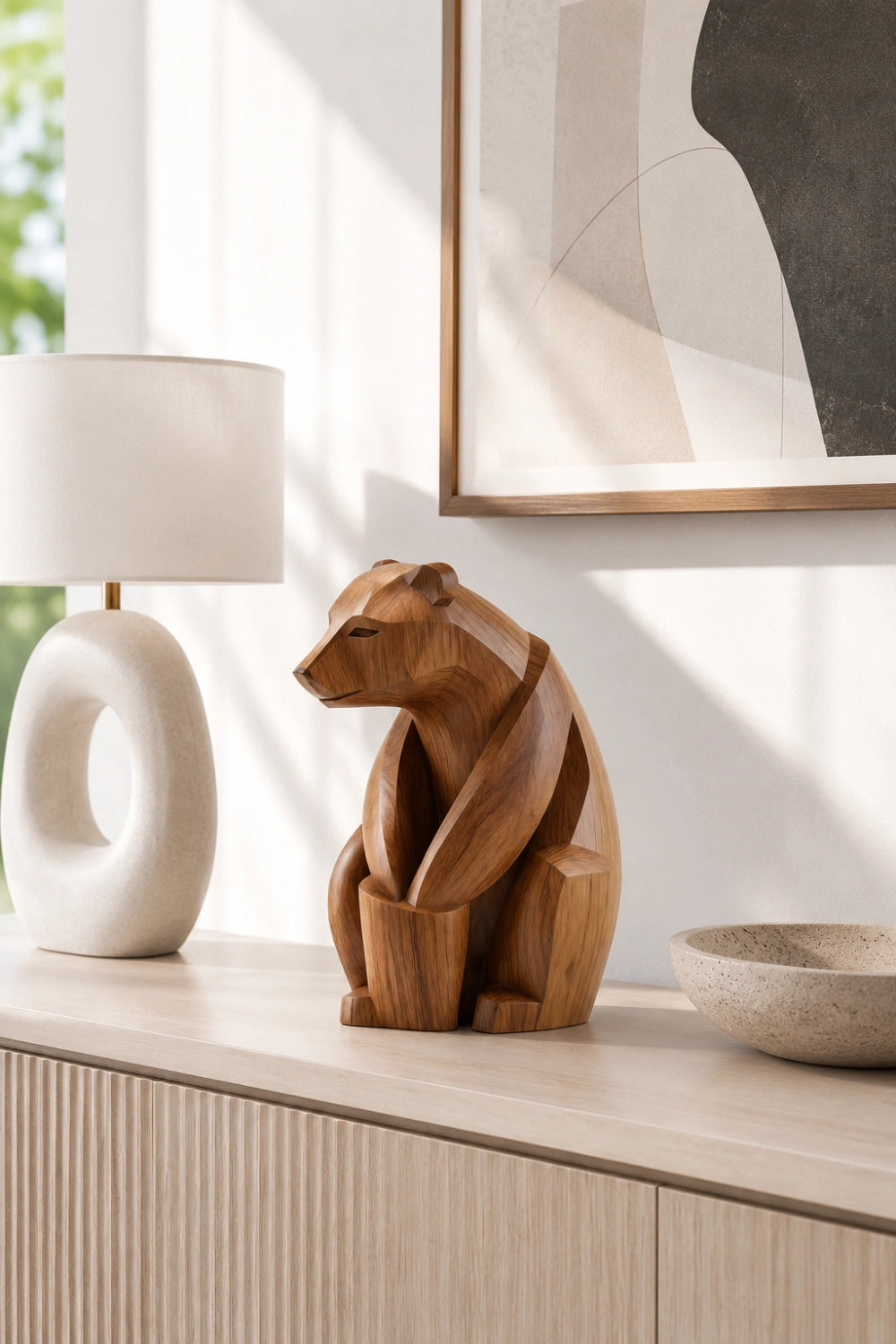 Faceted Geometric Wood Bear Sculpture | Cubist Modern Desk Decor | Splendid Art Gift