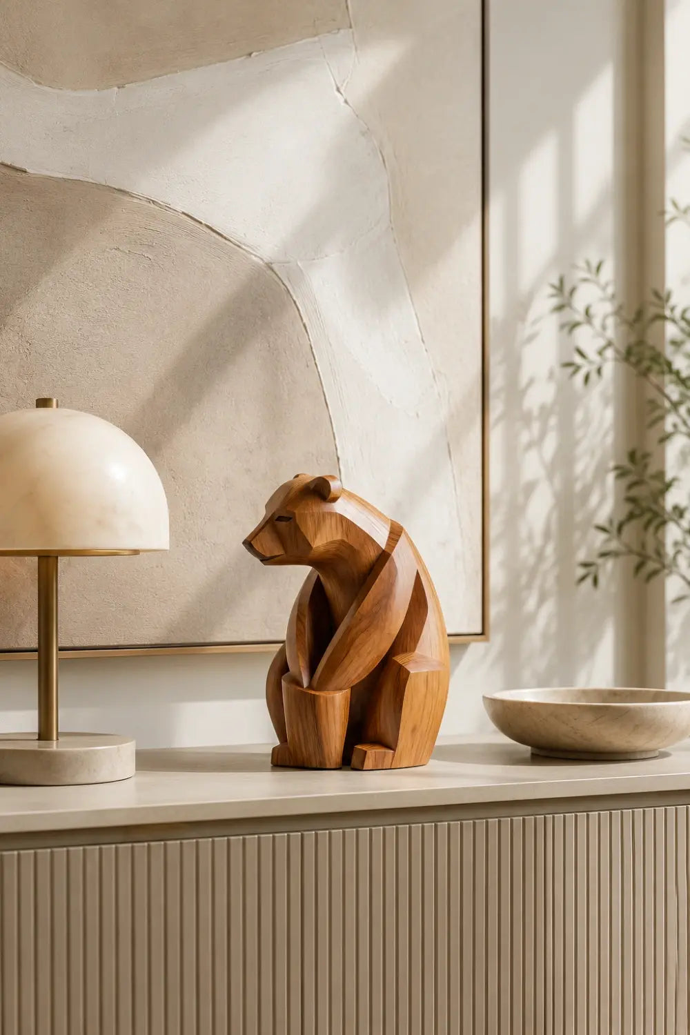 Faceted Geometric Wood Bear Sculpture | Cubist Modern Desk Decor | Splendid Art Gift