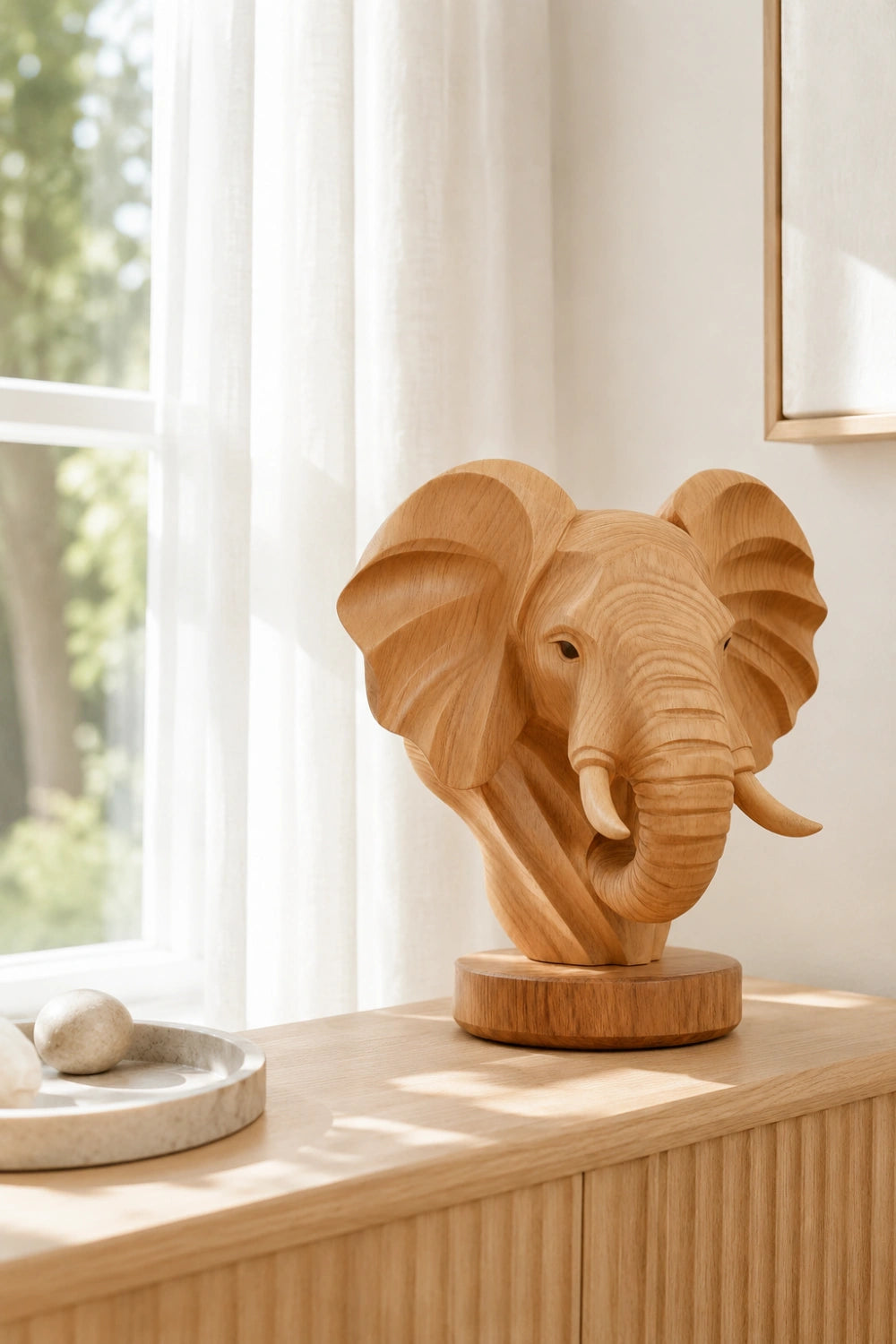 Natural Wood Elephant Head Statue | Majestic Wildlife Bust Decor