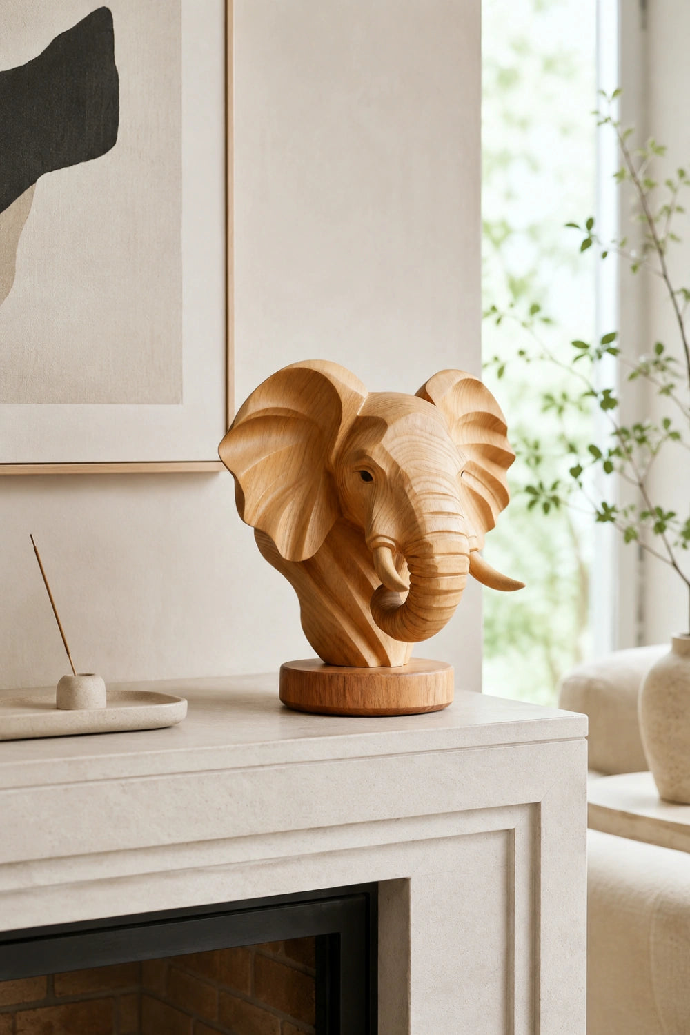 Natural Wood Elephant Head Statue | Majestic Wildlife Bust Decor