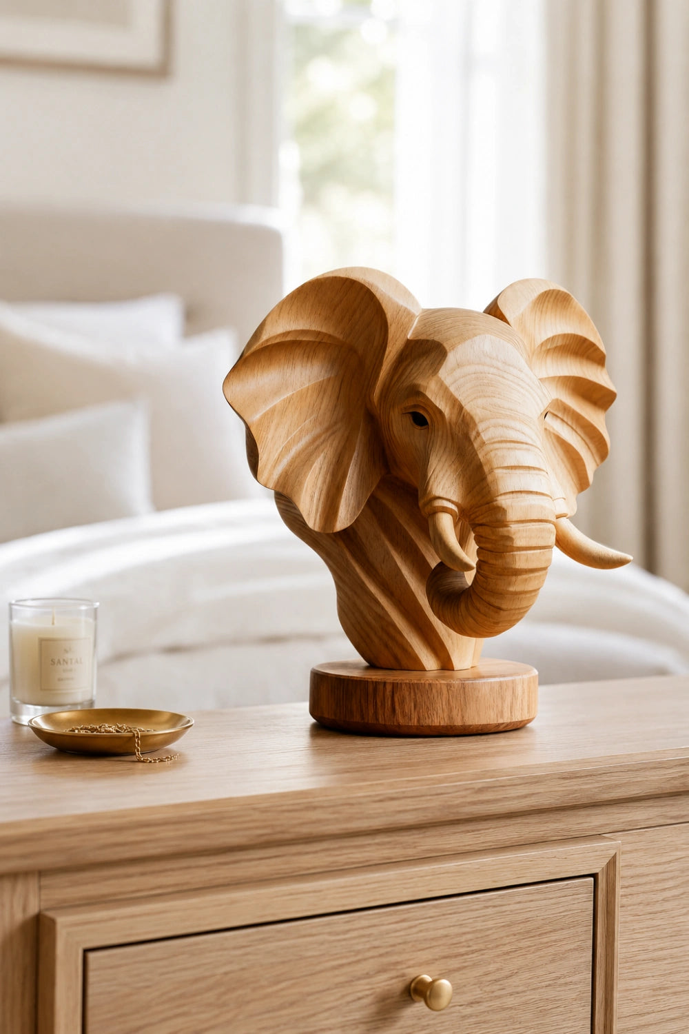Natural Wood Elephant Head Statue | Majestic Wildlife Bust Decor