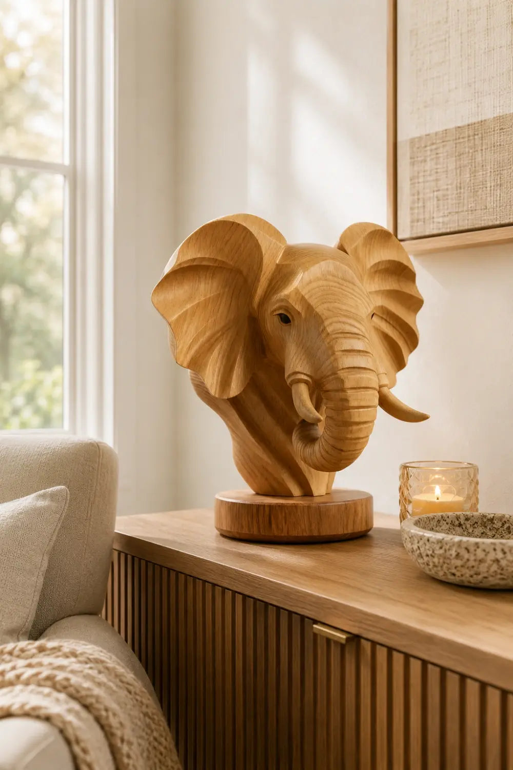 Natural Wood Elephant Head Statue | Majestic Wildlife Bust Decor