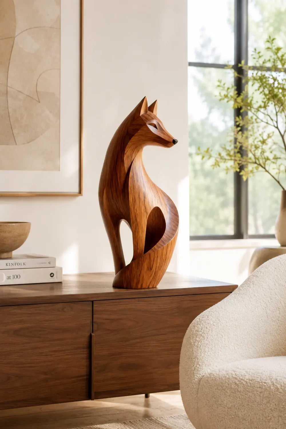 Streamlined Wood Fox Sculpture | Abstract Wildlife Figurine