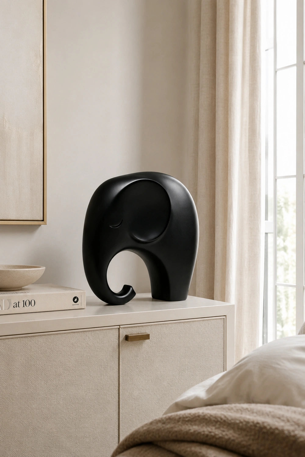 Minimalist Black Elephant Wood Sculpture | Nordic Style Good Luck Decor | Modern Art Piece