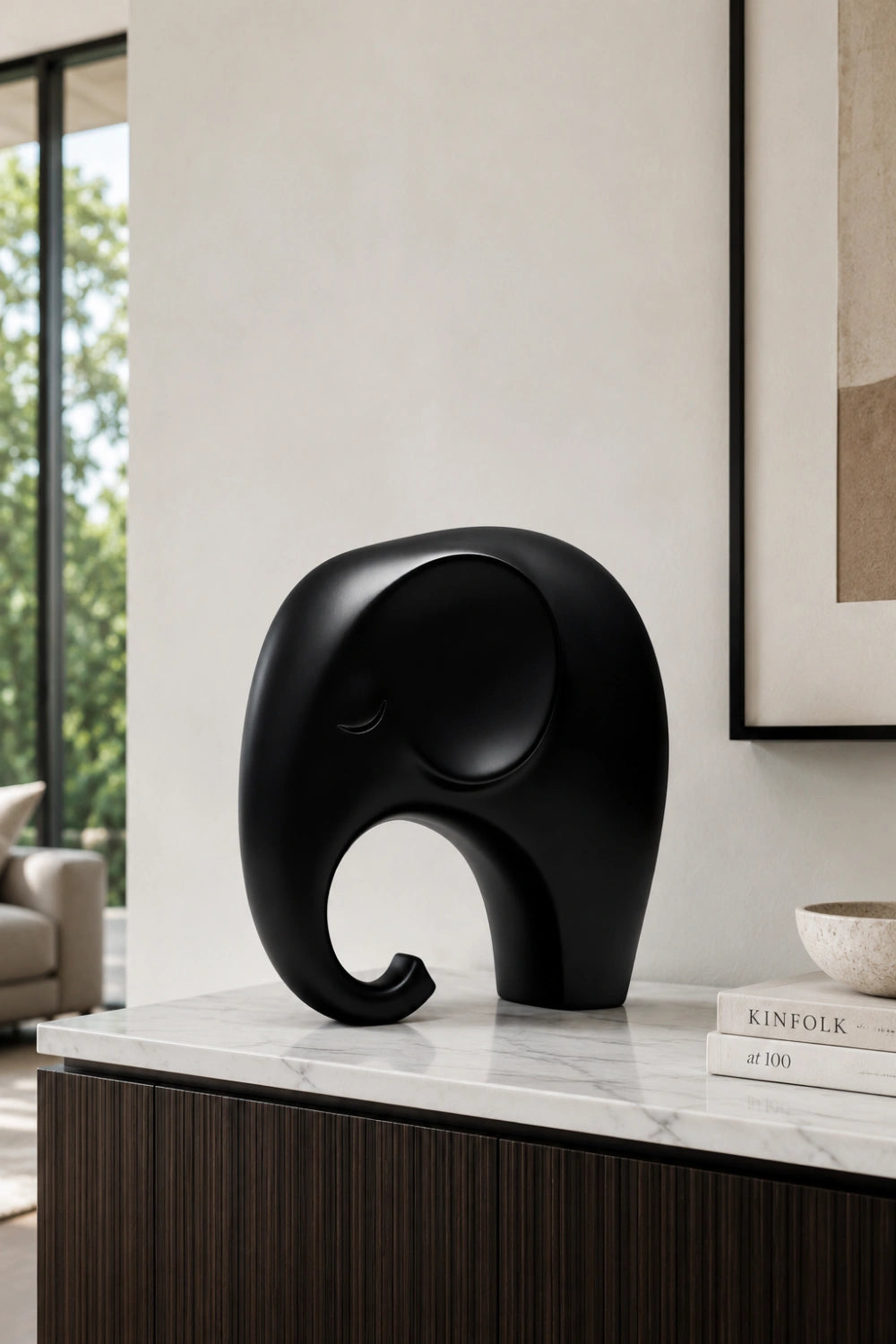 Minimalist Black Elephant Wood Sculpture | Nordic Style Good Luck Decor | Modern Art Piece