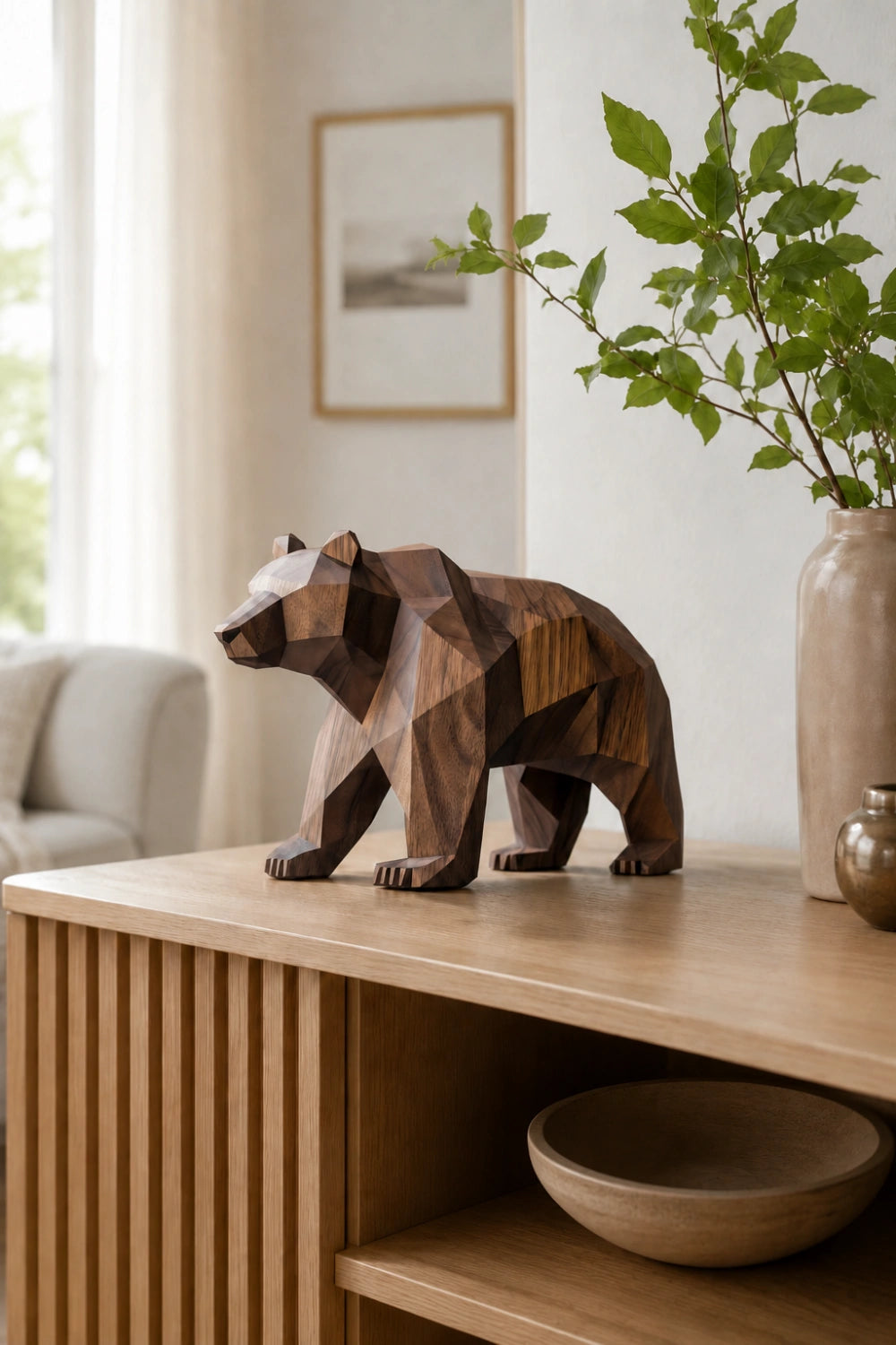 Polygonal Wood Grizzly Bear Sculpture | Modern Cabin Wildlife Decor | Exquisite Gift Idea
