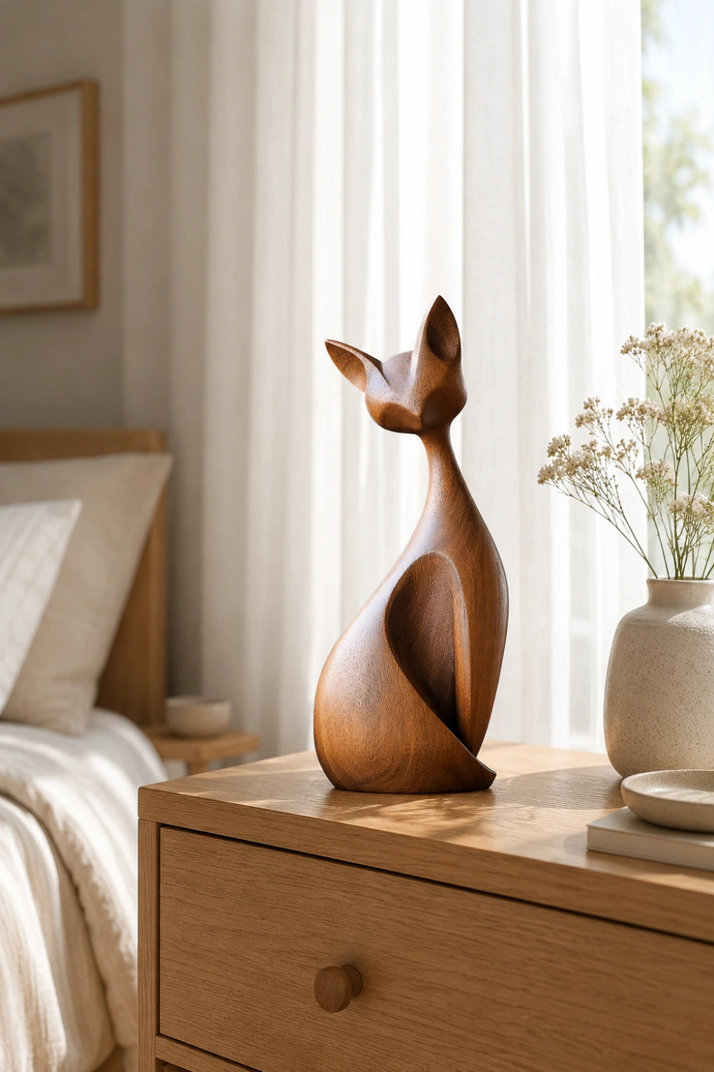 Mid-Century Modern Wood Cat Sculpture | Sleek Feline Silhouette Decor | Elegant Art Statue