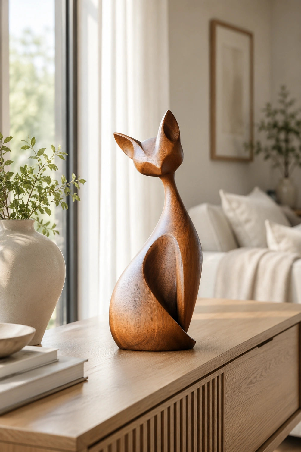 Mid-Century Modern Wood Cat Sculpture | Sleek Feline Silhouette Decor | Elegant Art Statue