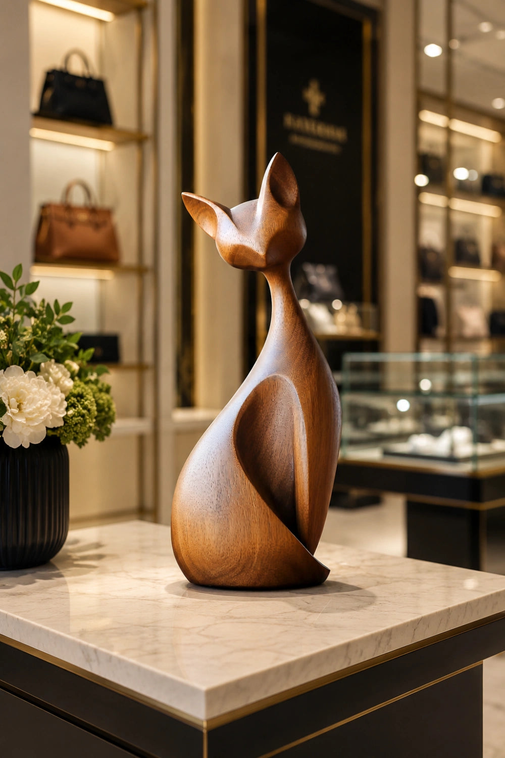 Mid-Century Modern Wood Cat Sculpture | Sleek Feline Silhouette Decor | Elegant Art Statue