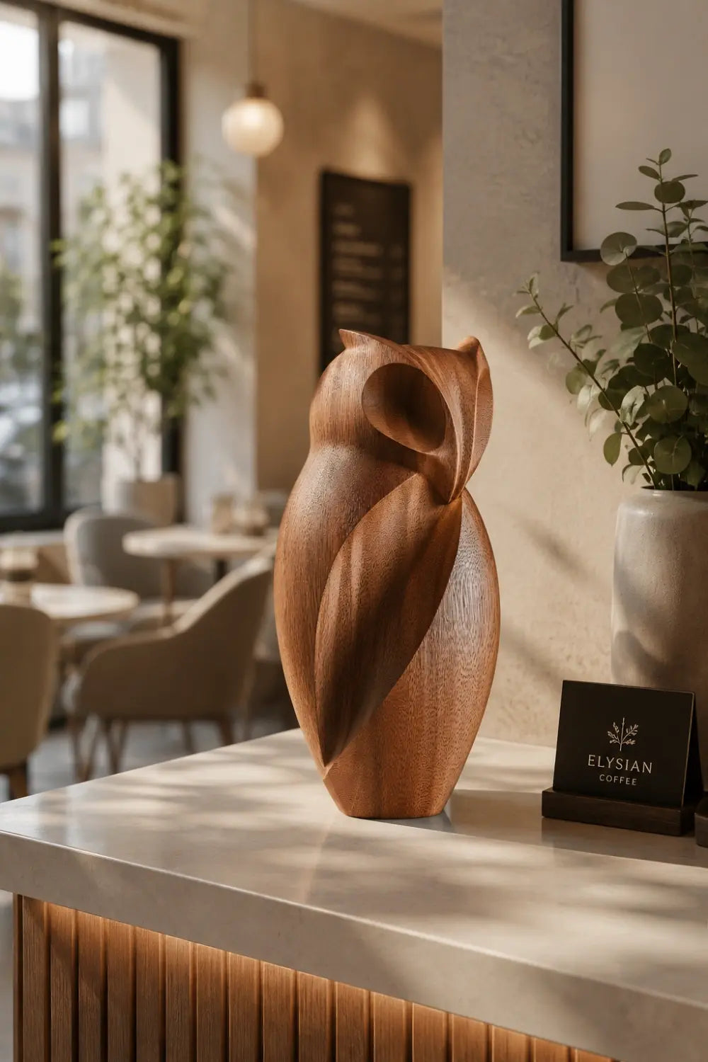 Abstract Wood Owl Sculpture | Chiseled Modernist Bird Decor | Thoughtful Office Gift