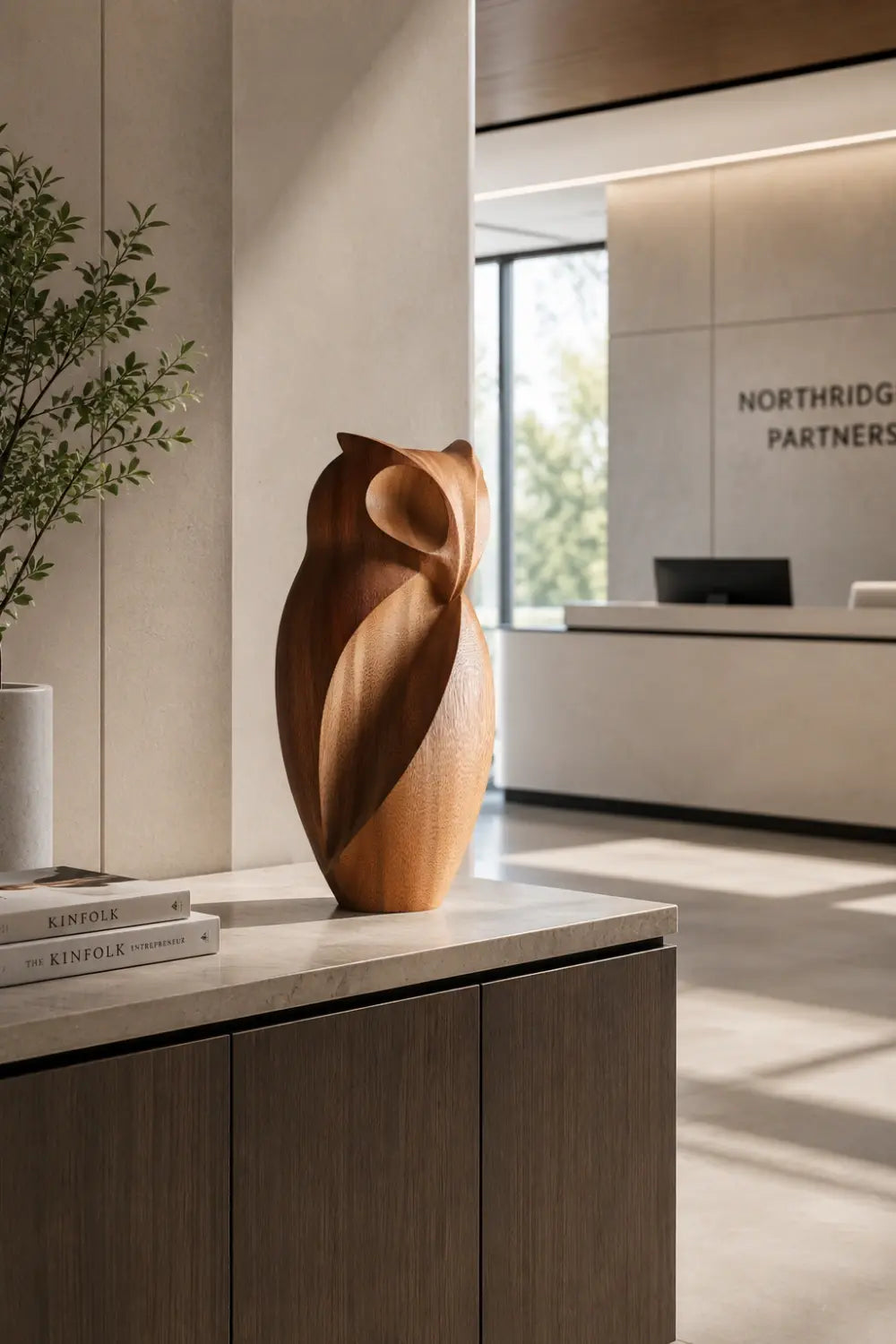 Abstract Wood Owl Sculpture | Chiseled Modernist Bird Decor | Thoughtful Office Gift