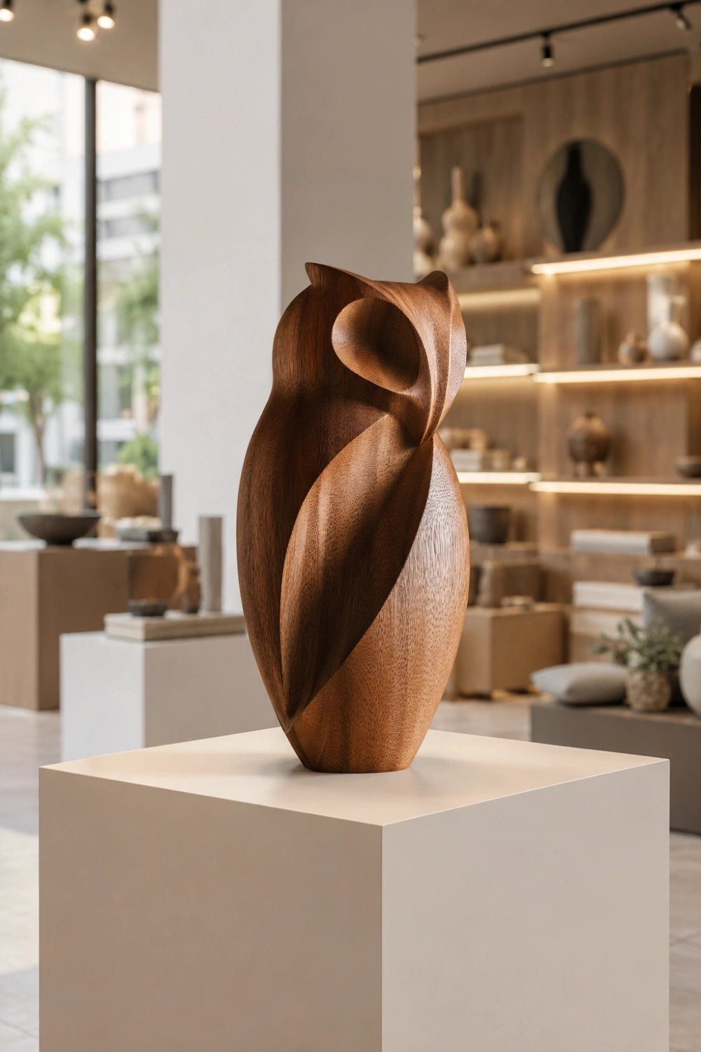 Abstract Wood Owl Sculpture | Chiseled Modernist Bird Decor | Thoughtful Office Gift