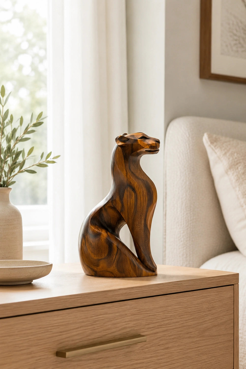 Sleek Wood Cheetah Sculpture| Modernist Jaguar Art Piece