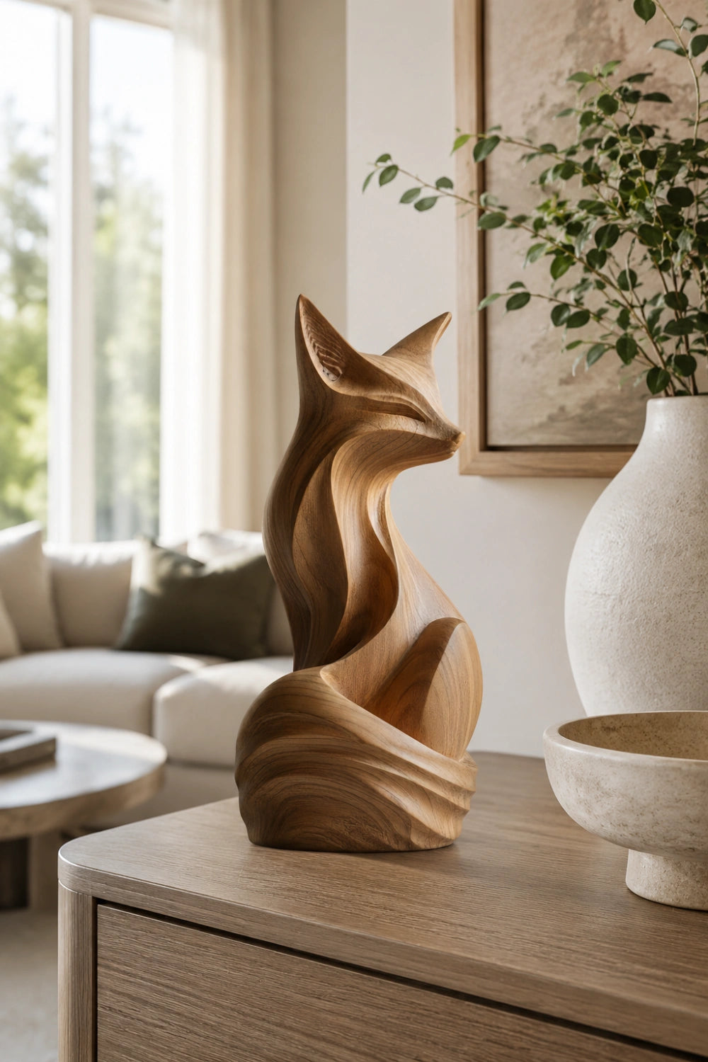 Modern Folk Art Wood Fox | Whimsical Storybook Sculpture