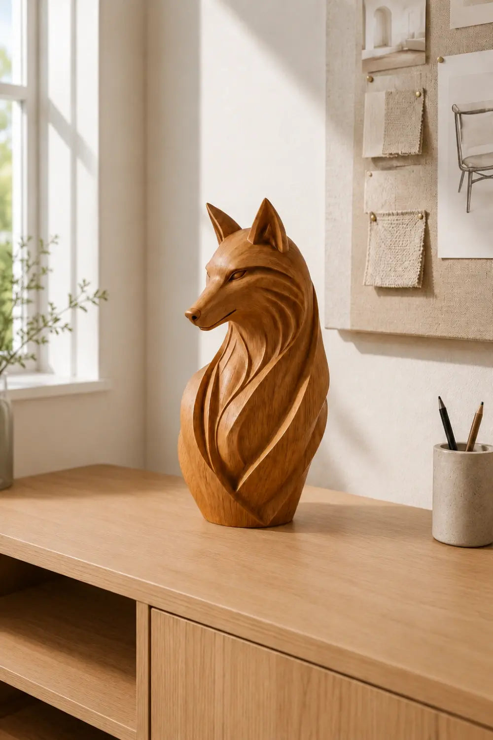 Sleek Wood Fox Sculpture | Elegant Woodland Silhouette Decor | Clever Art Figurine