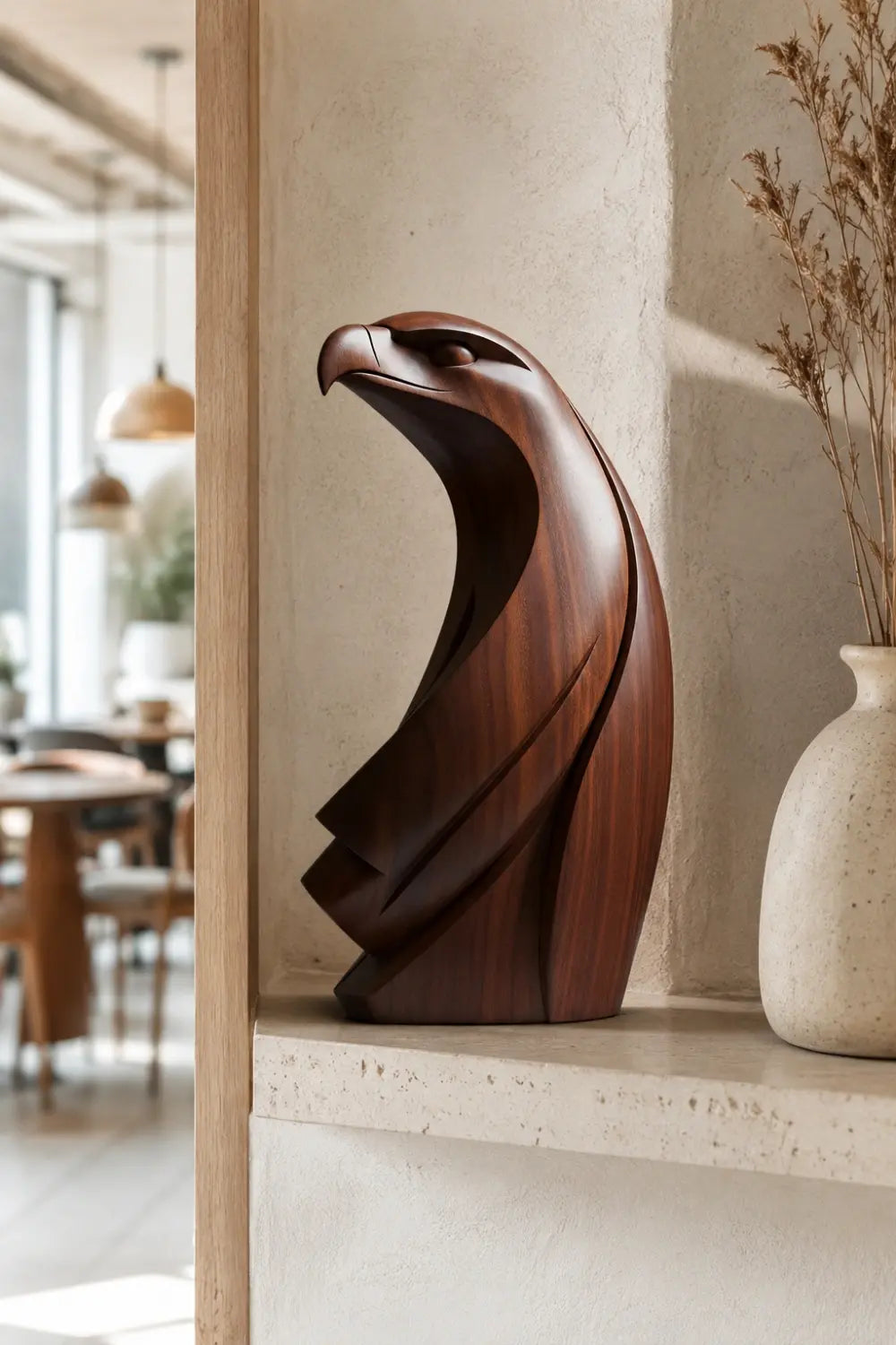 Modernist Wood Eagle Sculpture | Avant-Garde Raptor Office Decor | Striking Art Piece