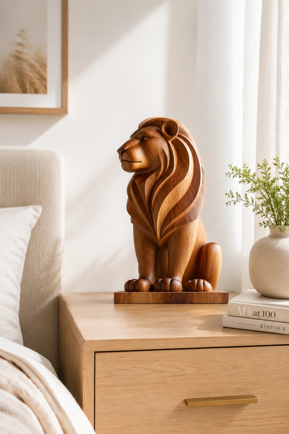 Art Deco Wood Lion Sculpture | Stately Living Room Decor | Majestic Statement Piece