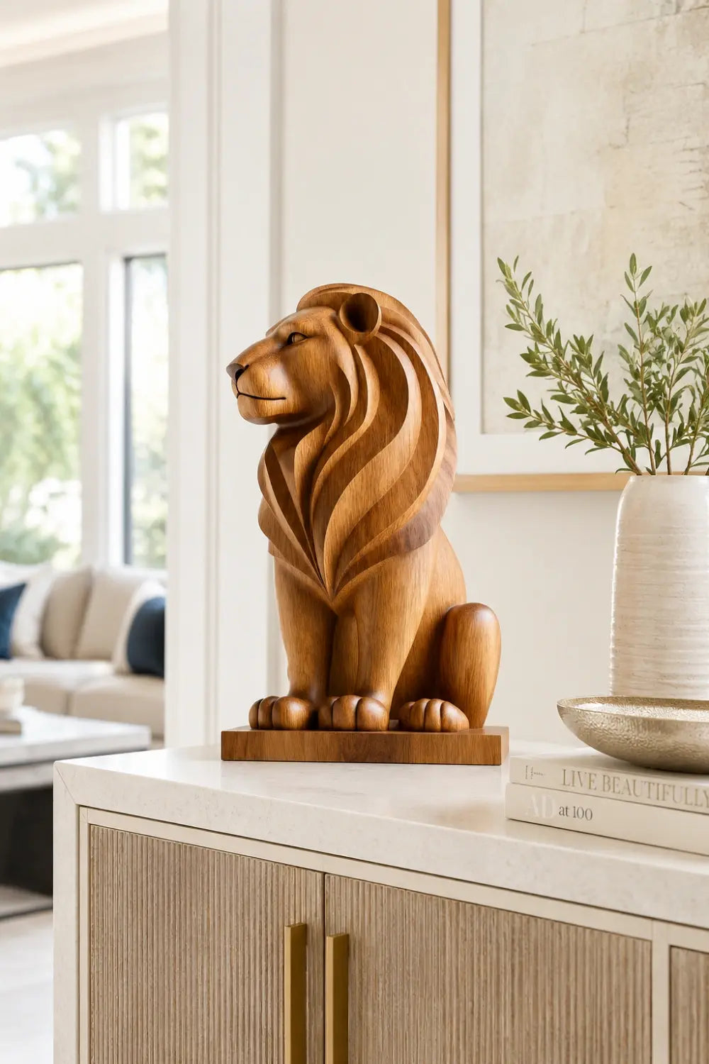 Art Deco Wood Lion Sculpture | Stately Living Room Decor | Majestic Statement Piece