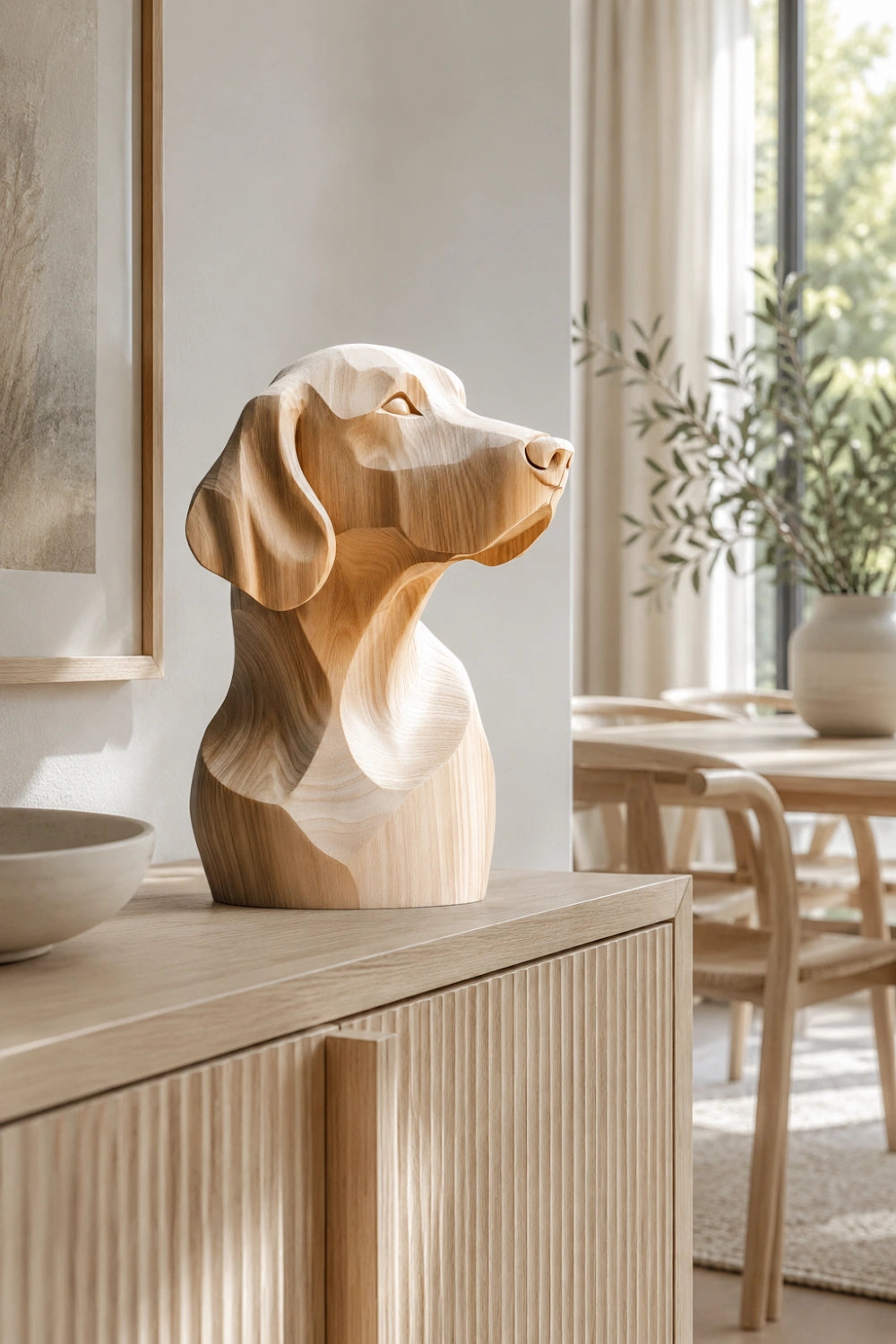 Minimalist Blonde Wood Dog Sculpture | Ash Labrador Canine Bust | Touching Pet Memorial Gift