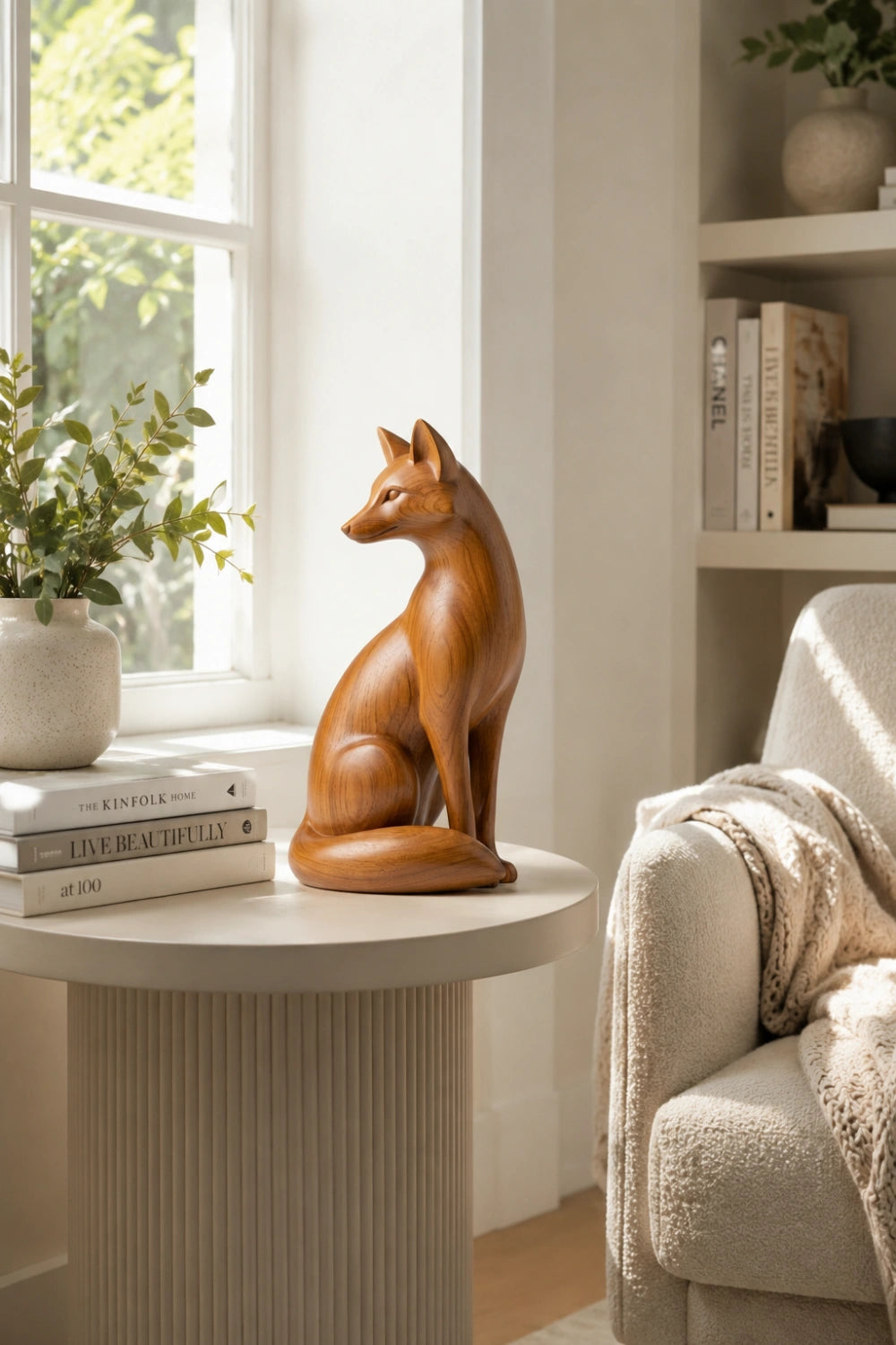 Handcrafted Wood Fox Sculpture | Transitional Wildlife Table Decor | Artisan Animal Gift