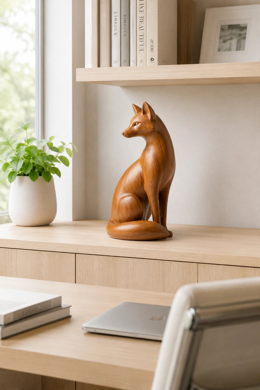 Handcrafted Wood Fox Sculpture | Transitional Wildlife Table Decor | Artisan Animal Gift