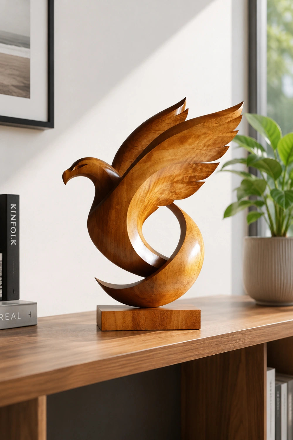 Carved Wood Eagle Sculpture | Soaring Bird Statue | Executive Desk Decor
