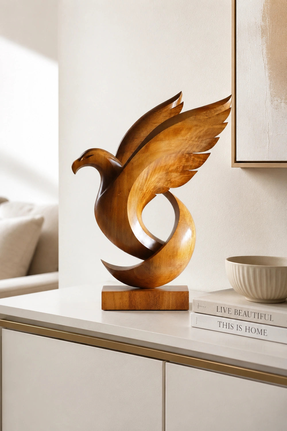 Carved Wood Eagle Sculpture | Soaring Bird Statue | Executive Desk Decor