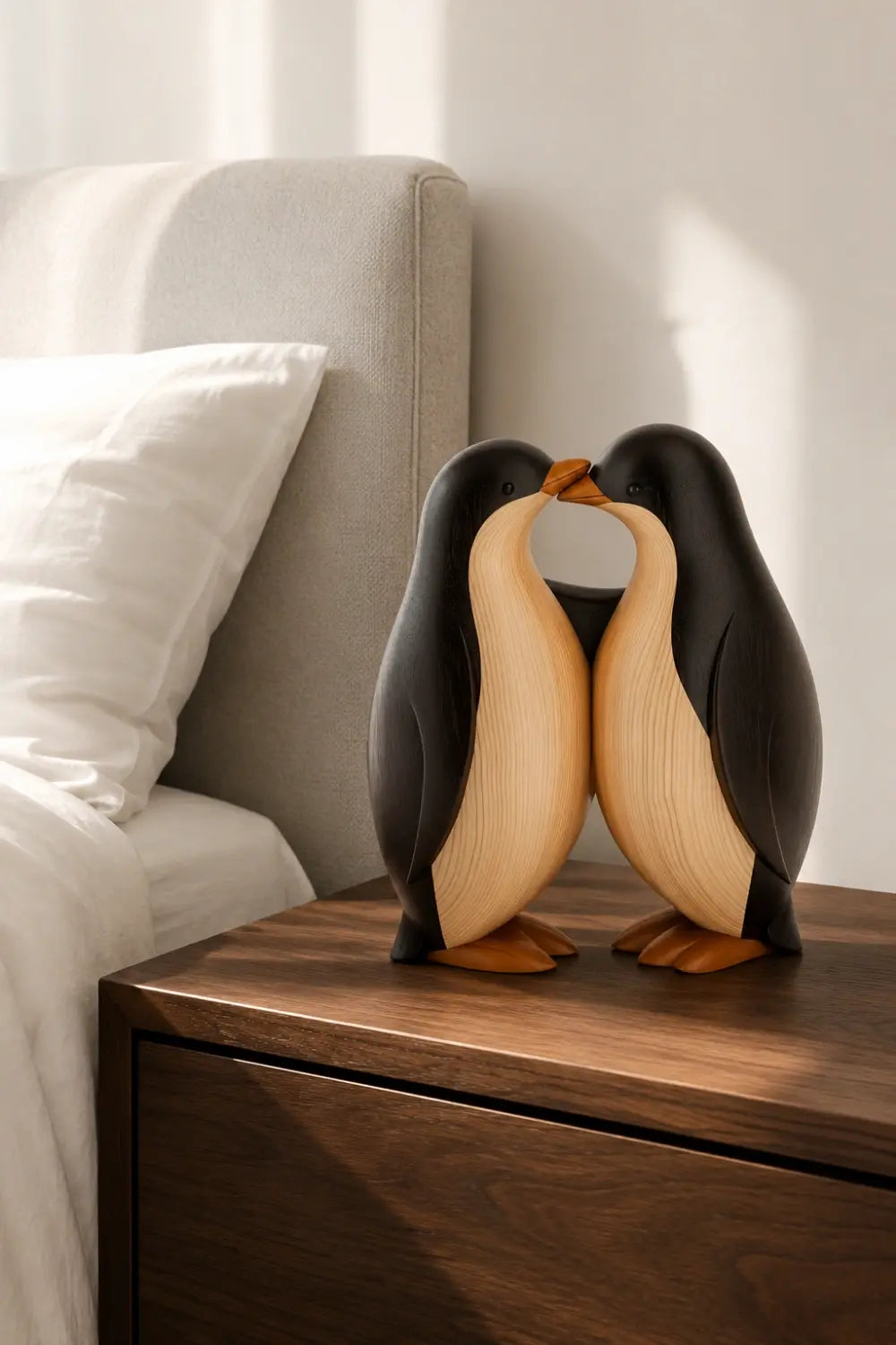 Wooden Penguin Pair Statue | Nordic Handcrafted Bird Decor