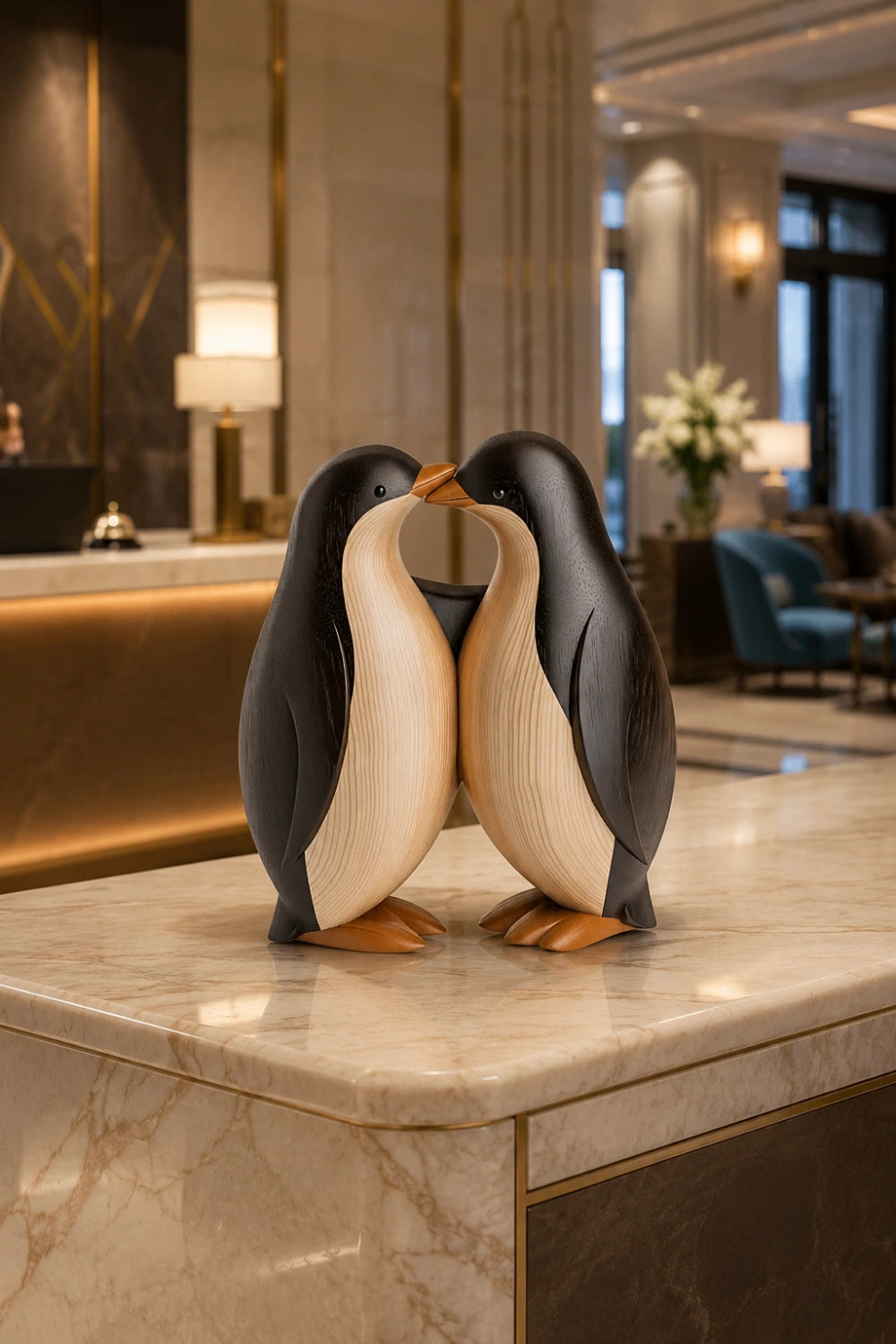 Wooden Penguin Pair Statue | Nordic Handcrafted Bird Decor