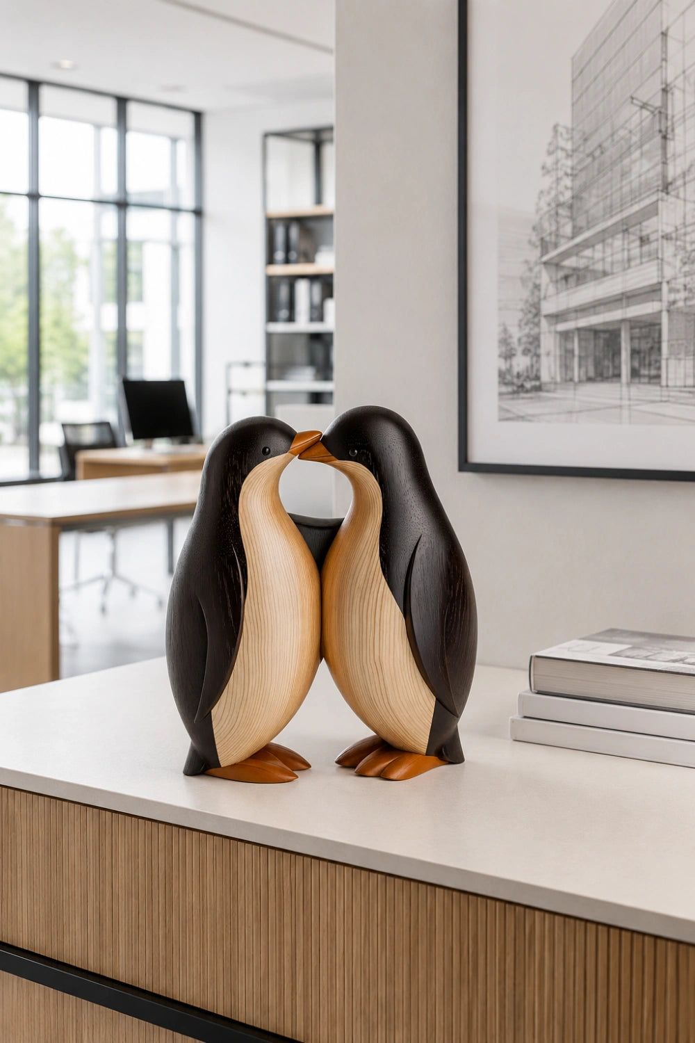 Wooden Penguin Pair Statue | Nordic Handcrafted Bird Decor