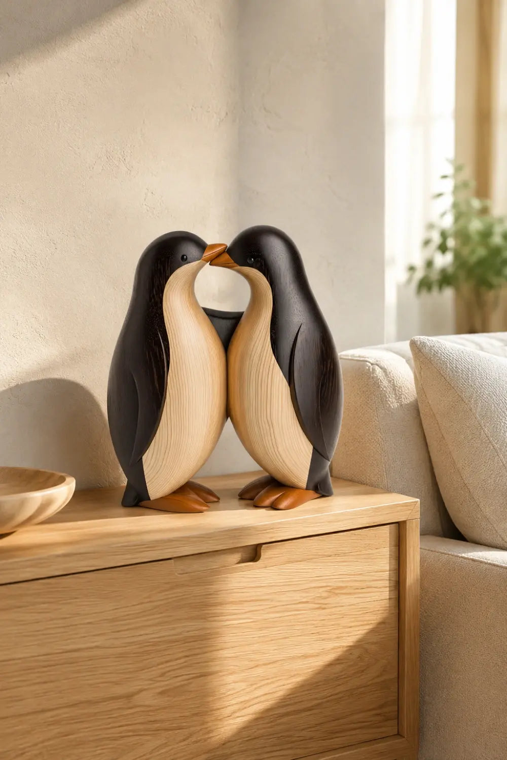 Wooden Penguin Pair Statue | Nordic Handcrafted Bird Decor