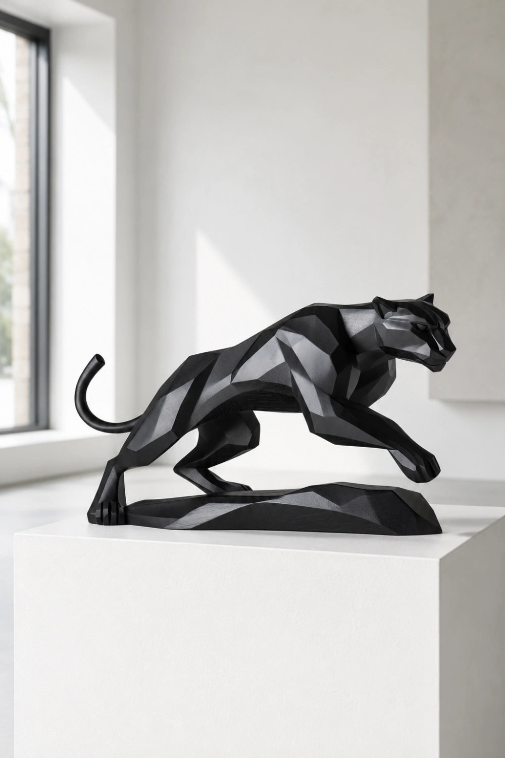 Geometric Black Panther Statue | Faceted Wood Pouncing Decor