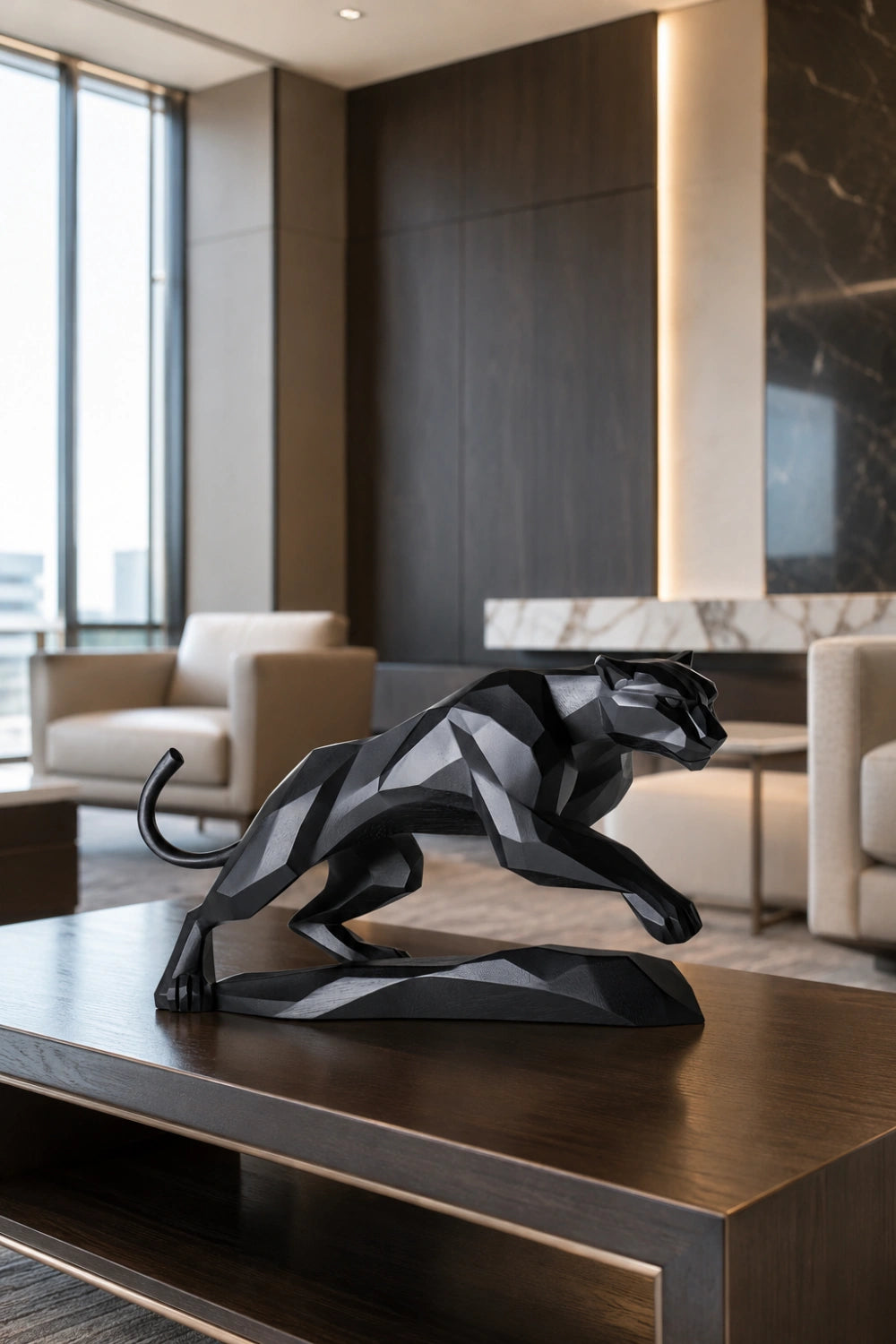 Geometric Black Panther Statue | Faceted Wood Pouncing Decor