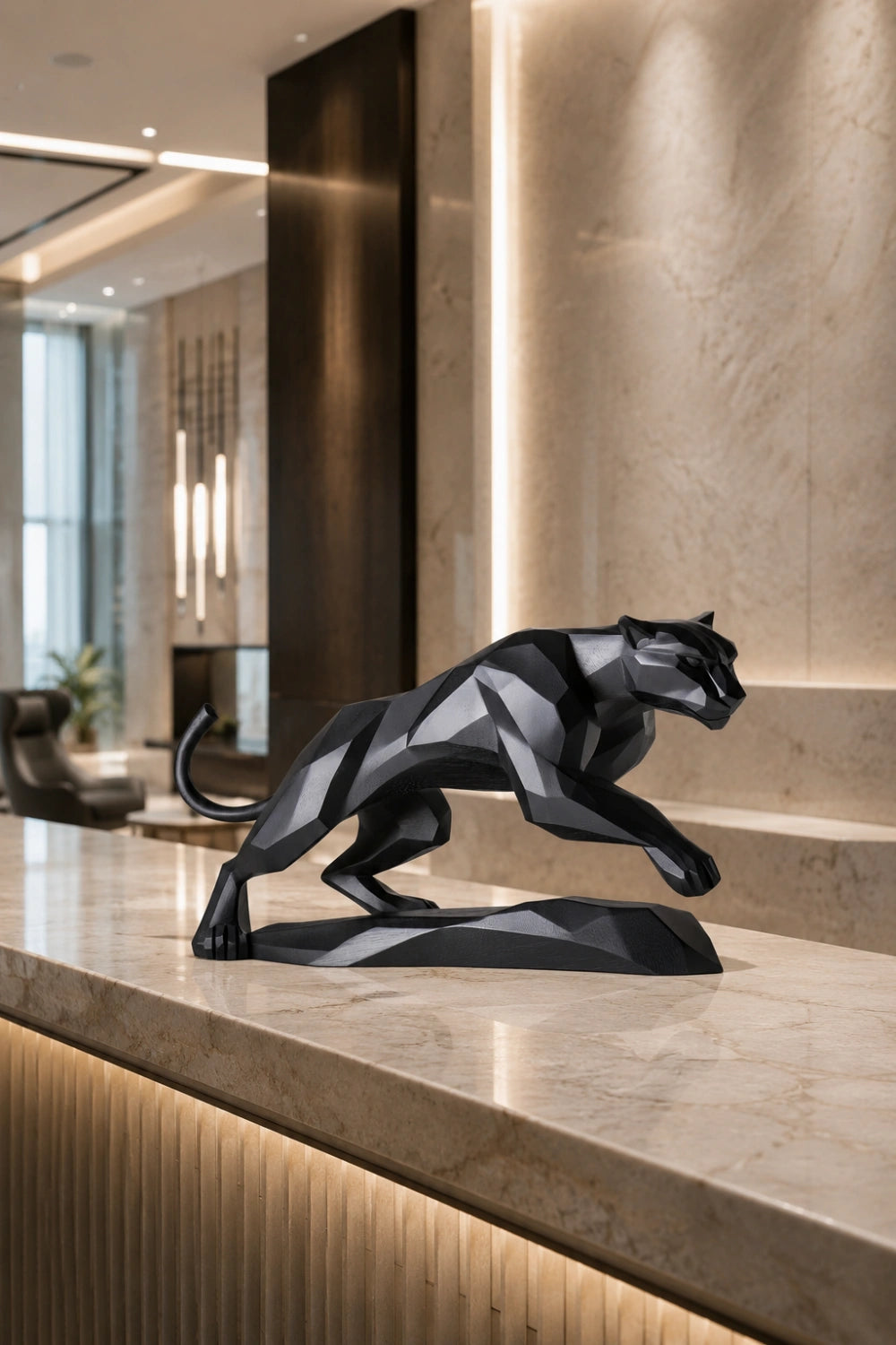 Geometric Black Panther Statue | Faceted Wood Pouncing Decor