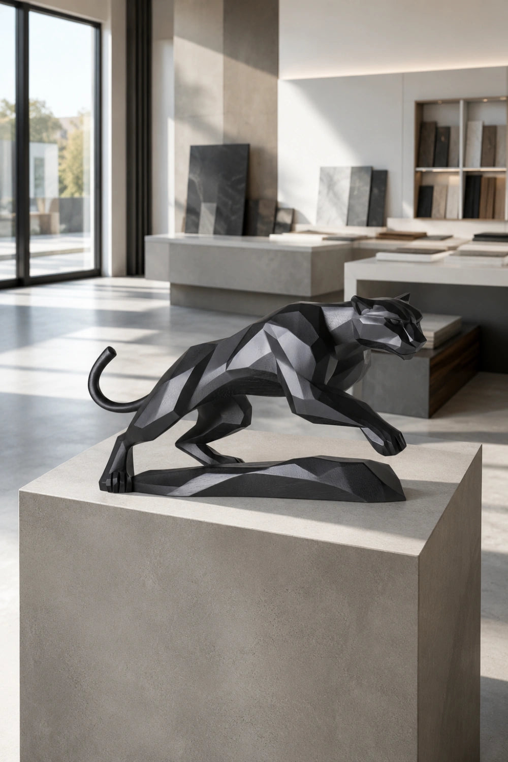 Geometric Black Panther Statue | Faceted Wood Pouncing Decor