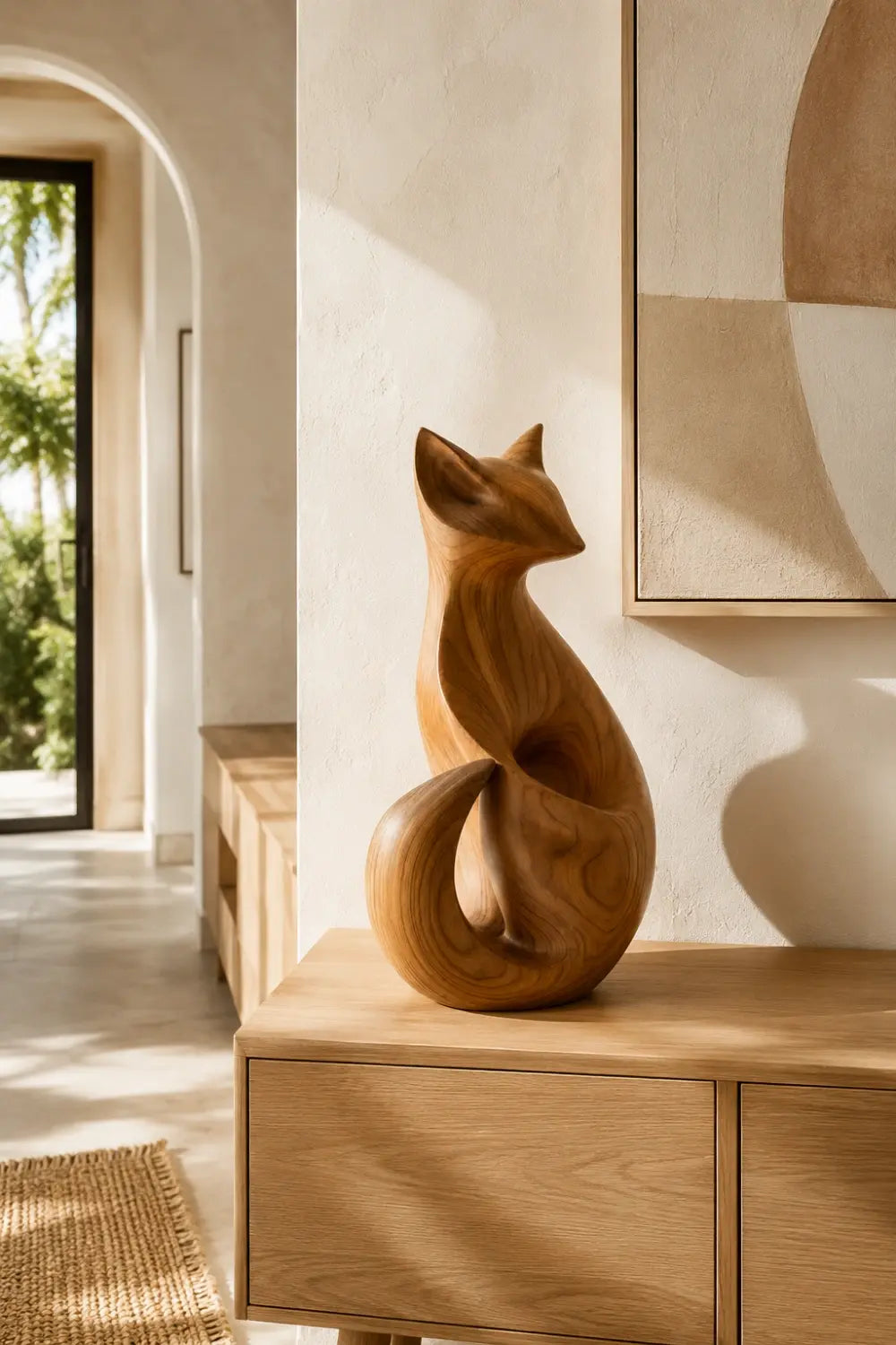 Modern Wooden Fox Sculpture | Hand Carved Animal Desk Object