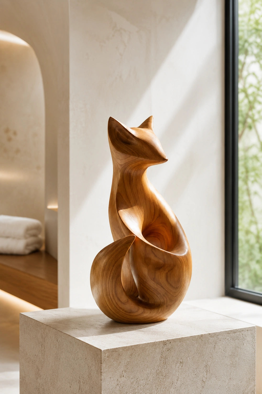 Modern Wooden Fox Sculpture | Hand Carved Animal Desk Object