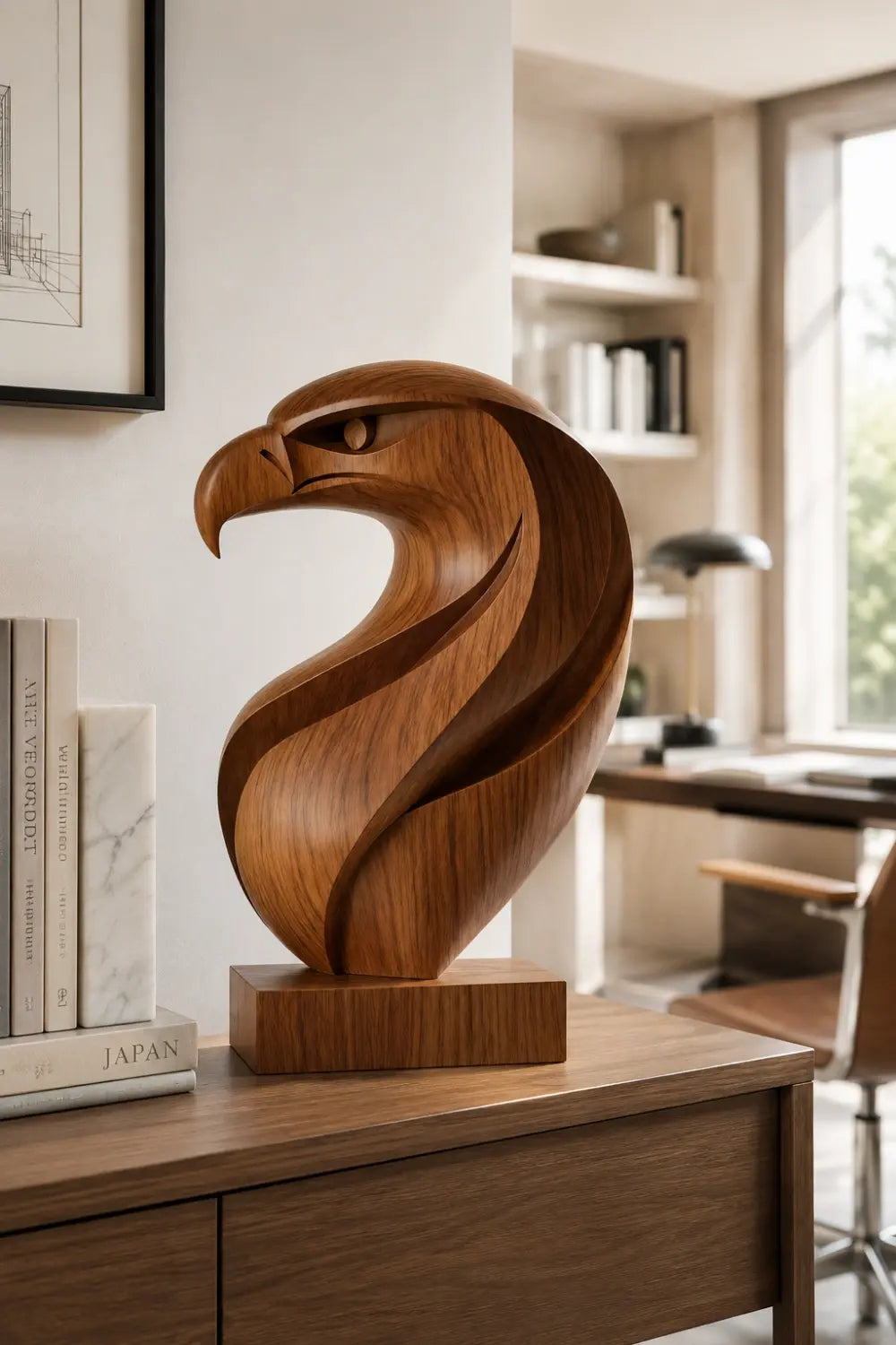 Abstract Wooden Eagle Head Sculpture | Bird Of Prey Art Accent