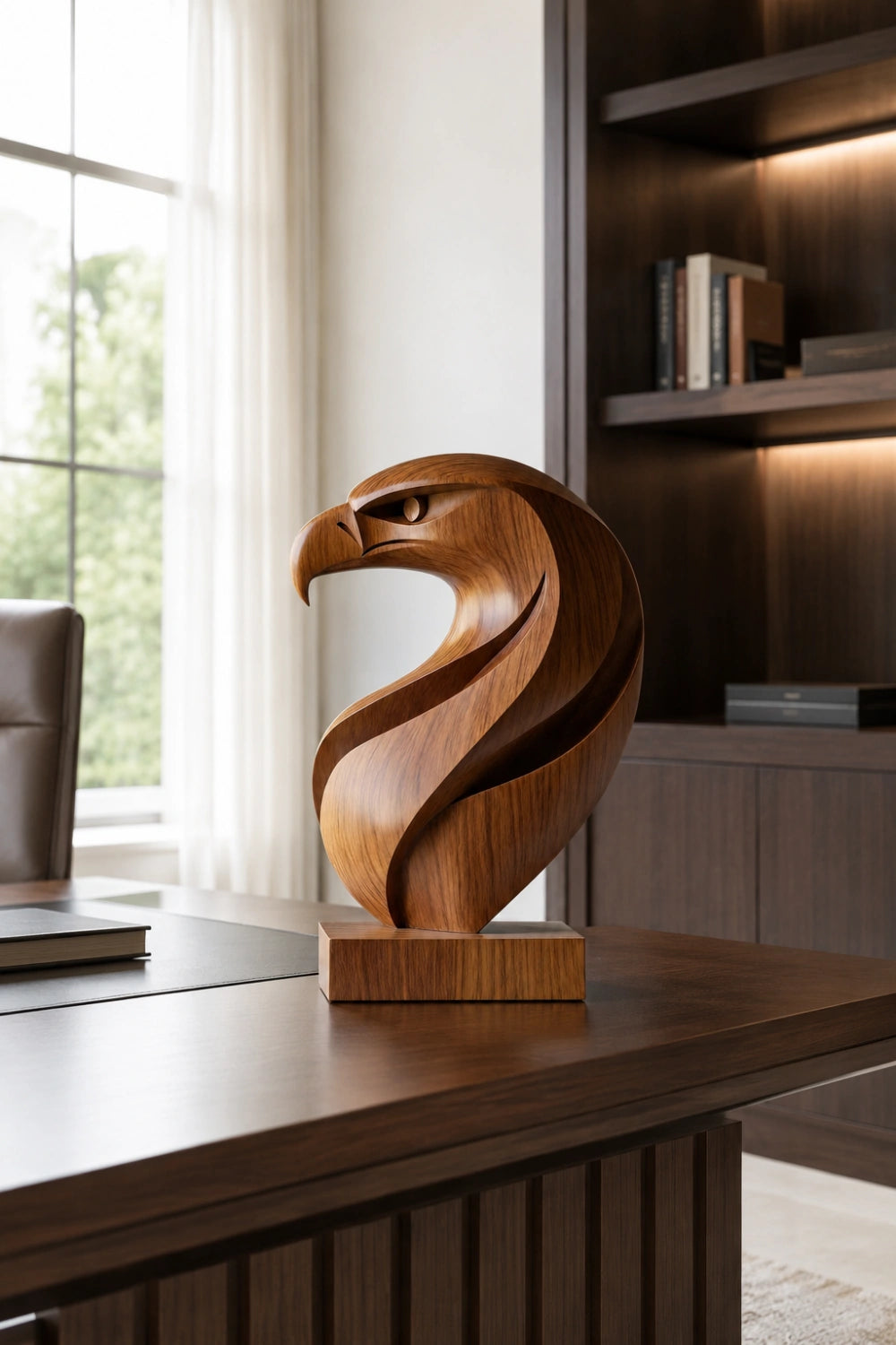 Abstract Wooden Eagle Head Sculpture | Bird Of Prey Art Accent
