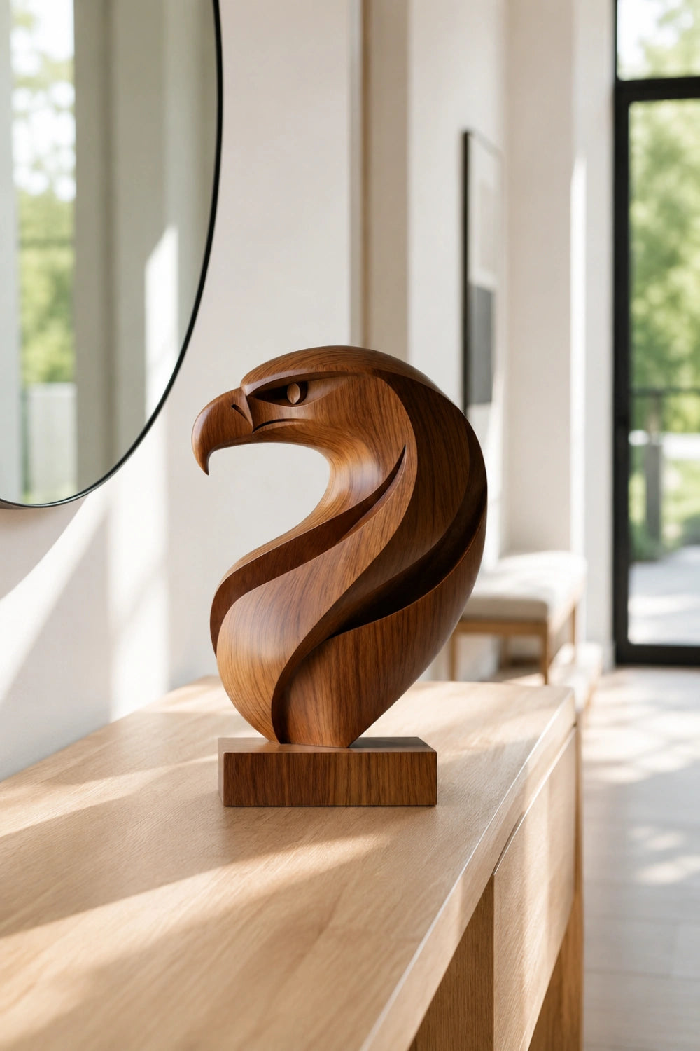 Abstract Wooden Eagle Head Sculpture | Bird Of Prey Art Accent