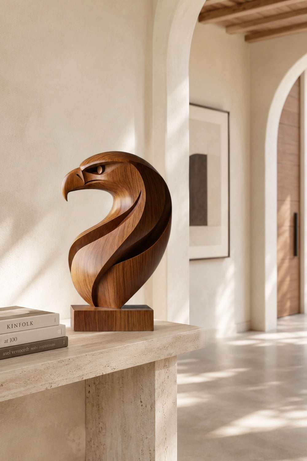 Abstract Wooden Eagle Head Sculpture | Bird Of Prey Art Accent