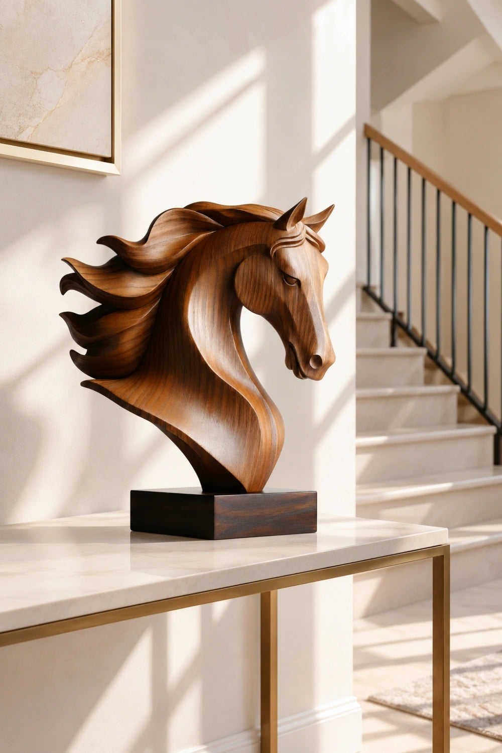 Handmade Wooden Horse Head Sculpture | Art Deco Animal Centerpiece