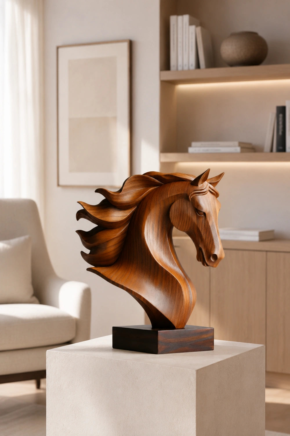 Handmade Wooden Horse Head Sculpture | Art Deco Animal Centerpiece