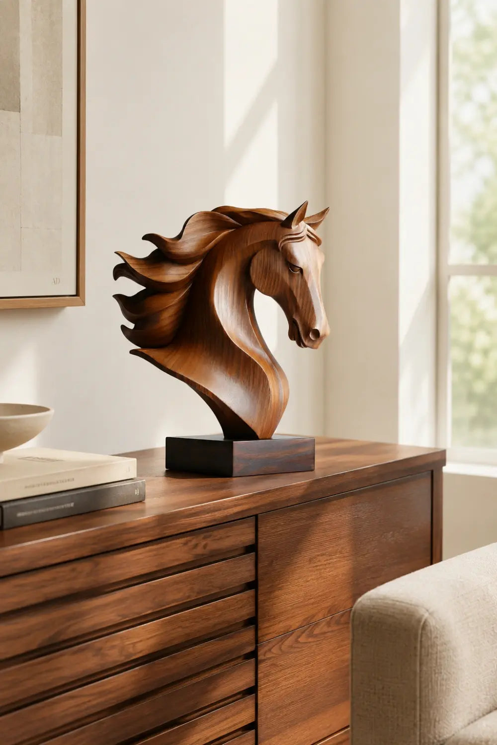 Handmade Wooden Horse Head Sculpture | Art Deco Animal Centerpiece