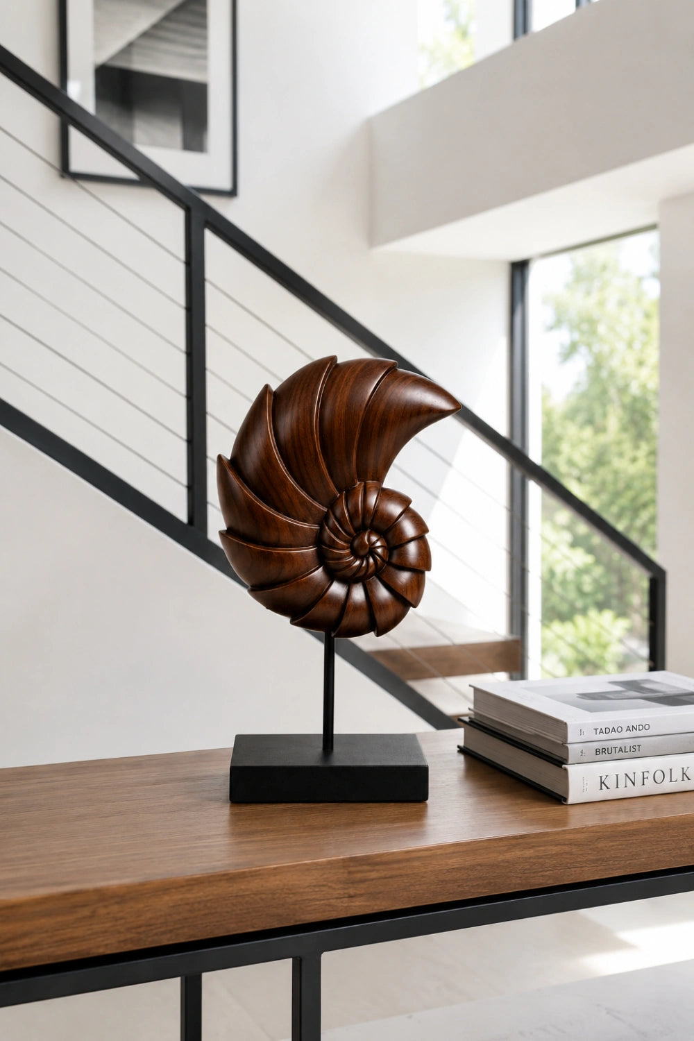 Carved Wood Nautilus Shell Sculpture | Fibonacci Ocean Art Decor
