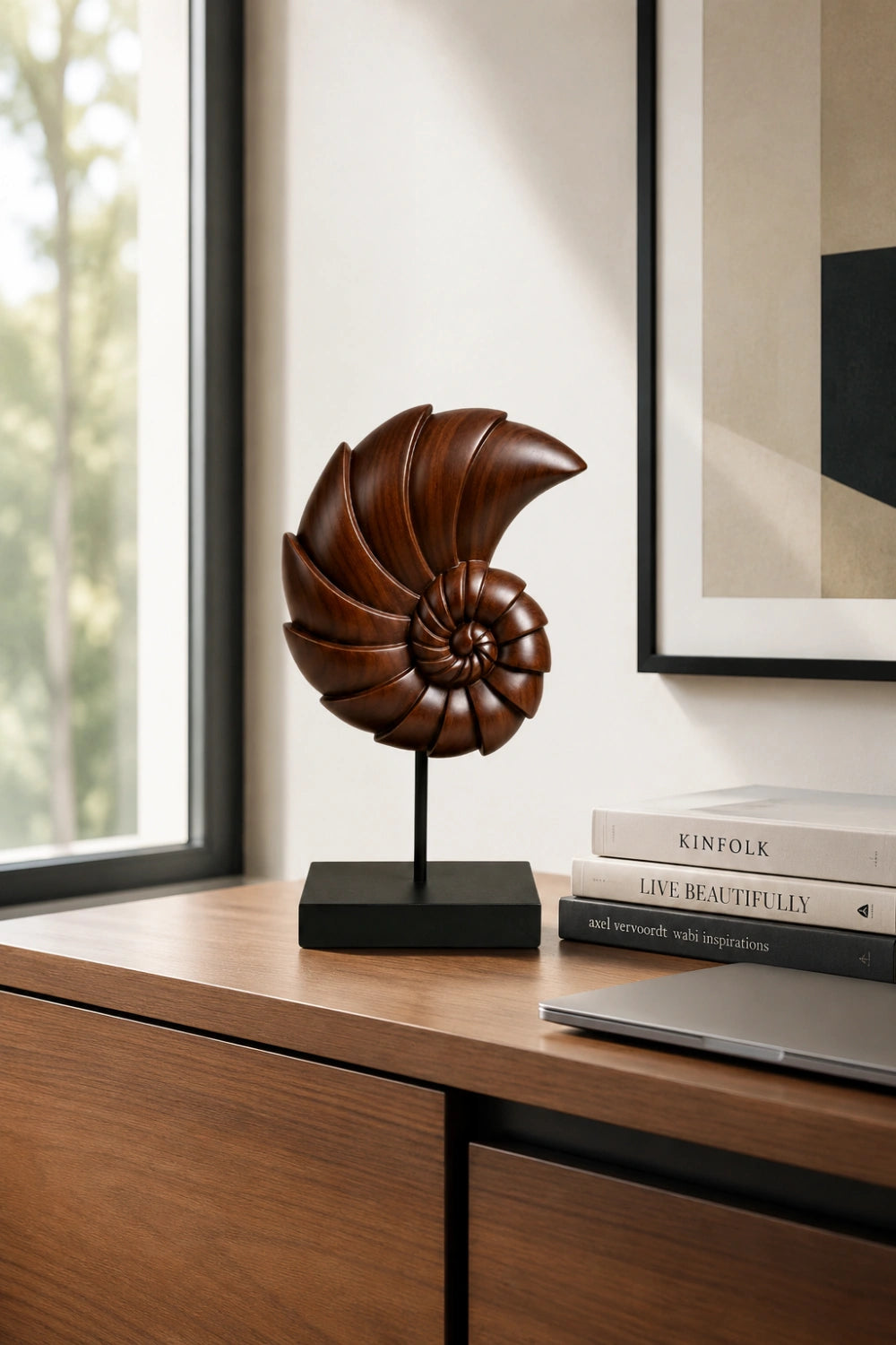 Carved Wood Nautilus Shell Sculpture | Fibonacci Ocean Art Decor