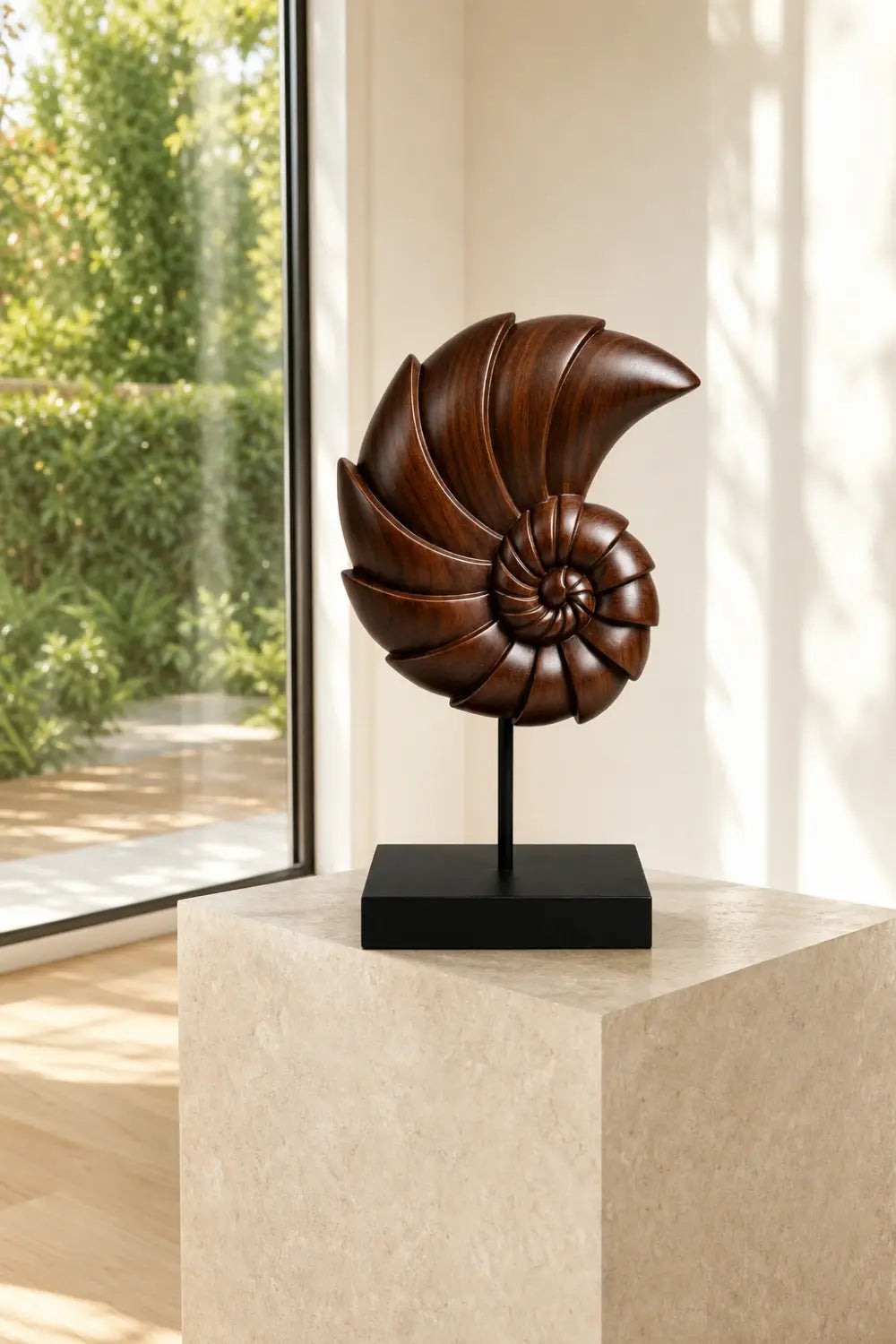 Carved Wood Nautilus Shell Sculpture | Fibonacci Ocean Art Decor